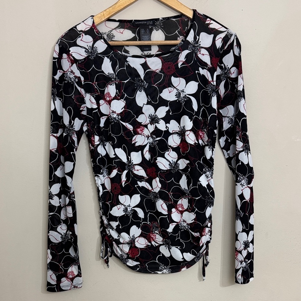 Y2K Women Mesh Dark Floral Long Sleeve Tee Drawstring Side size XL Moody Floral